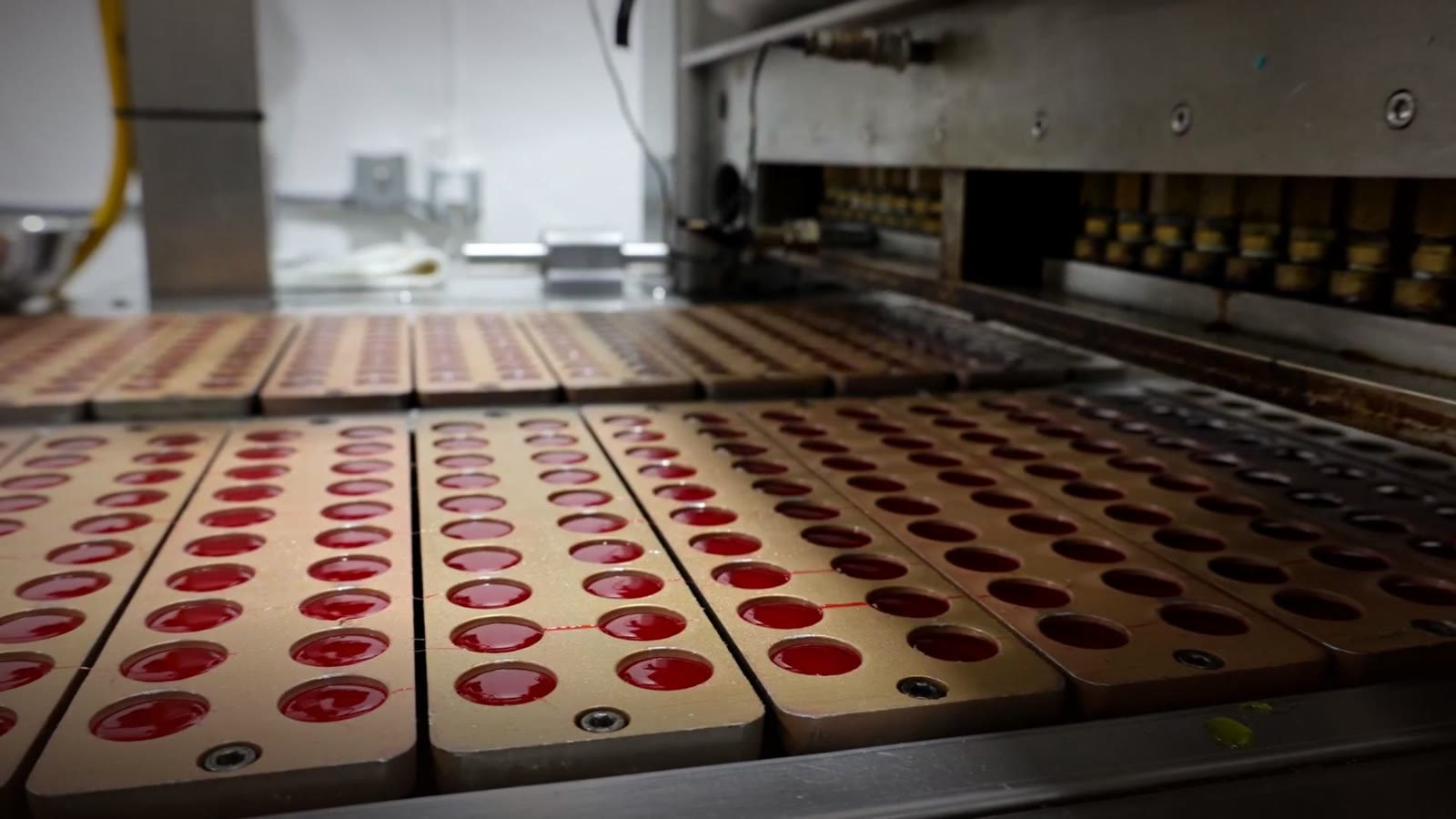 Gummies being deposited into moulds on the MCM Labs production line