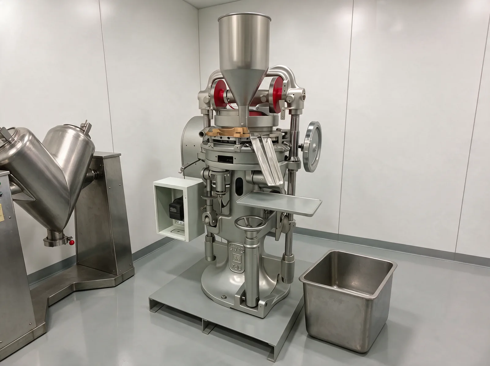 Stokes BB2 27-station rotary tablet press with the V-blender and a tablet tub in the tablet room